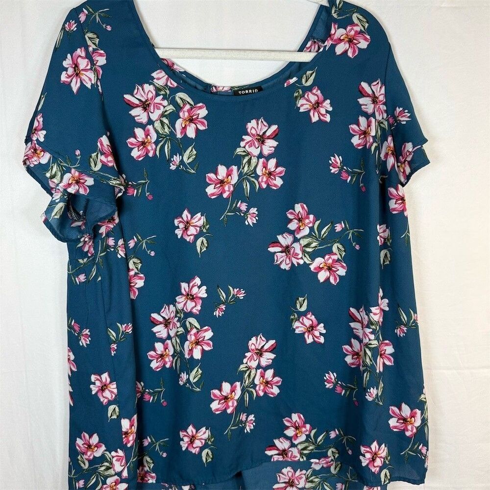 Torrid Blouse Womens 2XL Green Floral Ruffle Sleeve Hi-Low Hem Boho